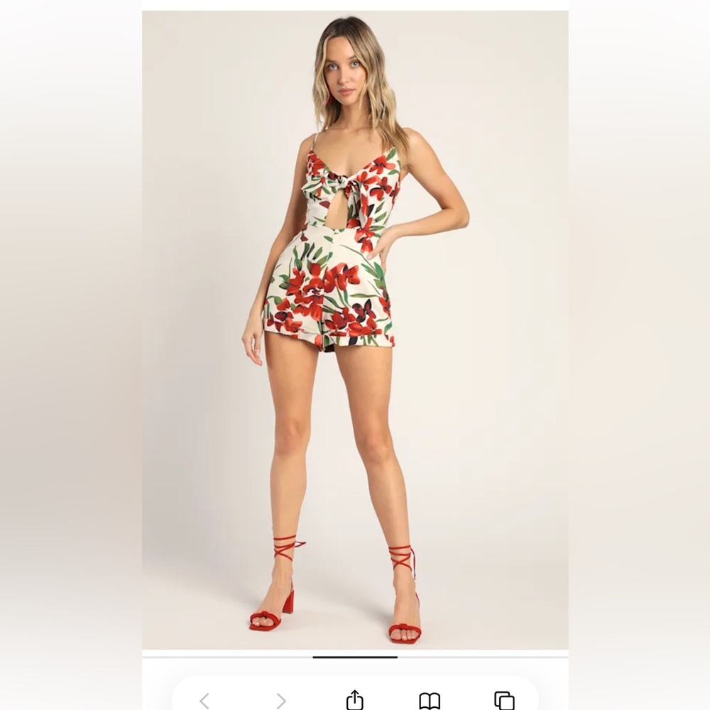Travel the Tropics Beige Floral Print Tie-Front
Cutout Romper Lulus